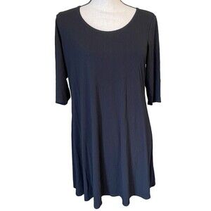 EILEEN Fisher Dress Black 3/4 Sleeves Stretch Midi Womens Size Medium Ne…